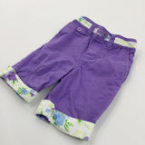 Flowers Detailing Purple Cotton Twill Cropped Trousers/Long Shorts - Girls 9-12 Months