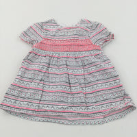 Patterned White, Neon Pink & Grey Cotton Dress - Girls 9-12 Months