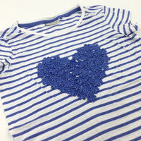 Heart Embroidered Blue Striped T-Shirt - Girls 9-10 Years