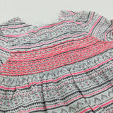Patterned White, Neon Pink & Grey Cotton Dress - Girls 9-12 Months