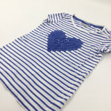 Heart Embroidered Blue Striped T-Shirt - Girls 9-10 Years