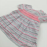 Patterned White, Neon Pink & Grey Cotton Dress - Girls 9-12 Months