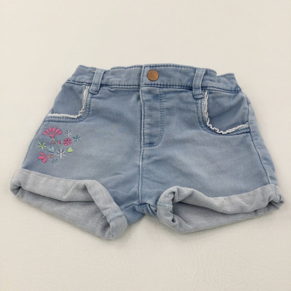 Flowers Embroidered Light Blue Denim Shorts - Girls 9-12 Months