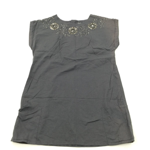 Beaded Flowers Charcoal Grey Lightweight Cotton Tunic Top - Girls 10-11 Years