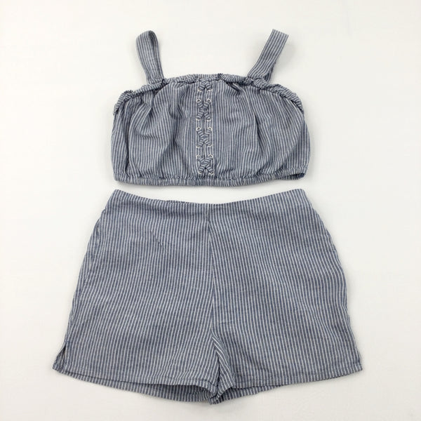 Blue & White Striped Lightweight Cotton Vest Top & Shorts Set - Girls 10-11 Years