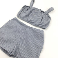 Blue & White Striped Lightweight Cotton Vest Top & Shorts Set - Girls 10-11 Years