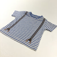 Blue & Grey Striped T-Shirt with Printed Braces - Boys 3-6 Months