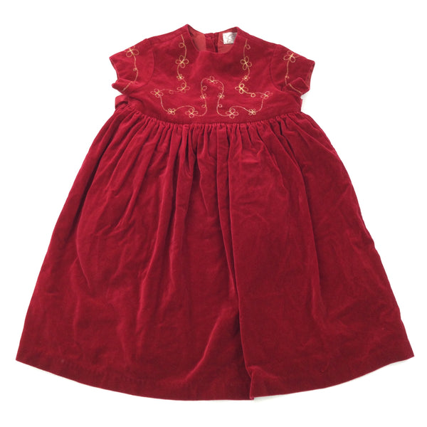 Gold Embroidered Red Velvet Look Dress - Girls 2-3 Years