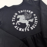 'Always Believe' Unicorn Glittery Black Dress - Girls 9-10 Years