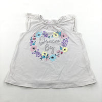 Dream Big' Glittery Flowers White & Beige Striped Sleeveless T-Shirt - Girls 3-4 Years