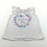 Dream Big' Glittery Flowers White & Beige Striped Sleeveless T-Shirt - Girls 3-4 Years