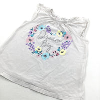 Dream Big' Glittery Flowers White & Beige Striped Sleeveless T-Shirt - Girls 3-4 Years
