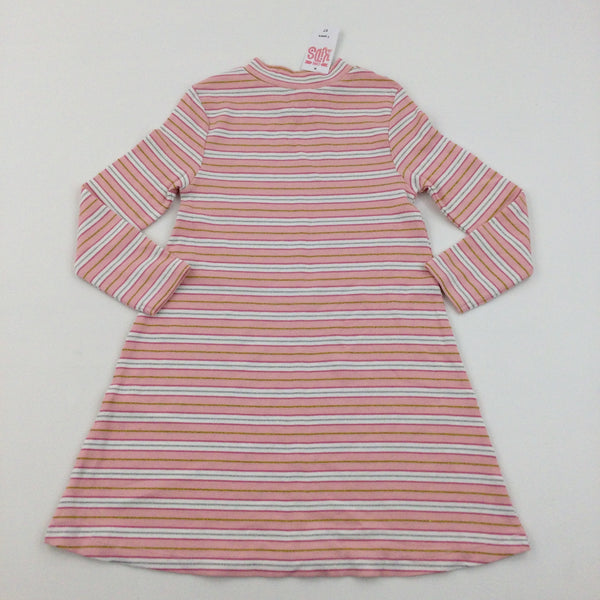 **NEW** Sparkly Silver, Gold & Pink Striped Jersey Dress - Girls 6-7 Years