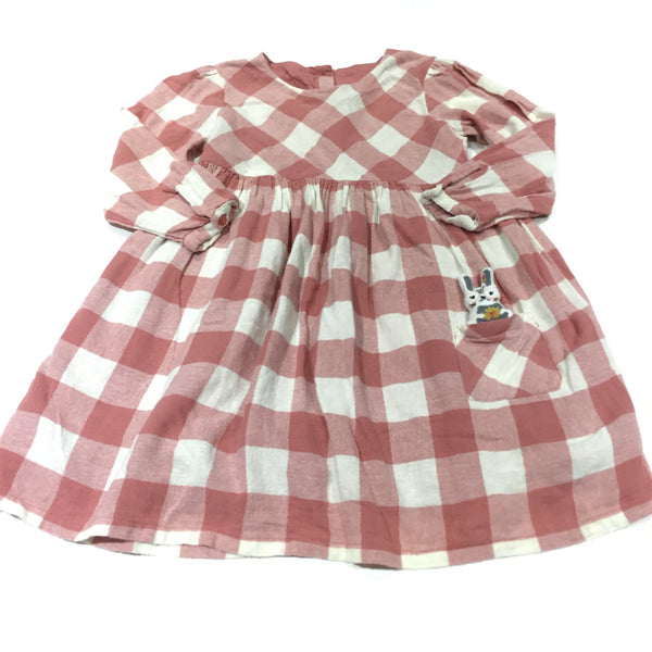 3D Rabbit Pocket Dusky Pink & Cream Checked Brushed Cotton Lined Dress - Girls 5-6 Years