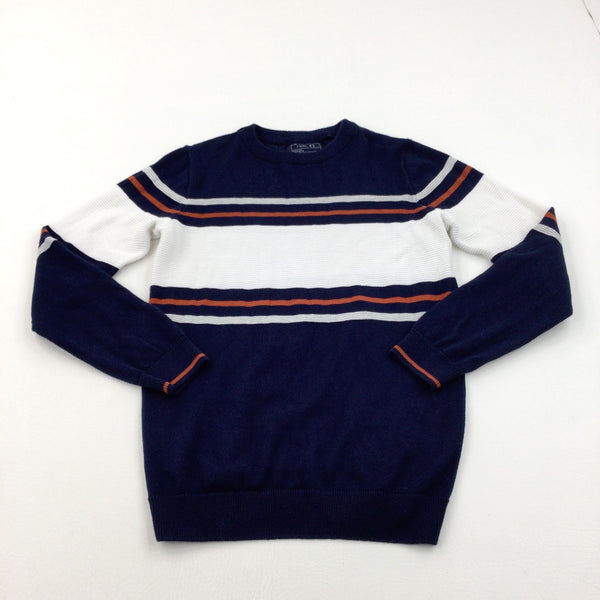 Navy, Cream & Tan Striped Knitted Jumper - Boys 9 Years