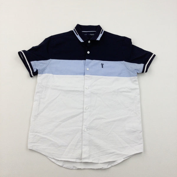 Stag Motif Navy, Blue & White Short Sleeved Shirt - Boys 9 Years