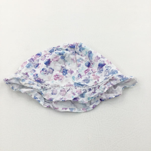 Watercolour Flowers Blue, Purple & White Cotton Sun Hat - Girls 12-18 Months