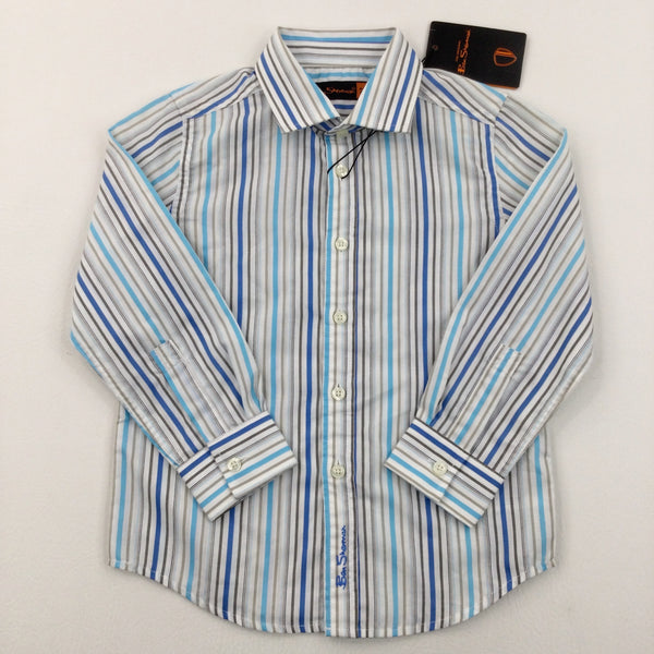 **NEW** 'Ben Sherman' Blue, Grey & White Striped Cotton Shirt - Boys 2-3 Years