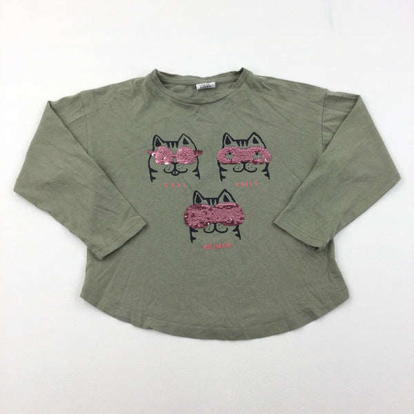 'Cool Party...' Sequin Flip Cats Khaki Long Sleeve Top - Girls 7 Years