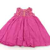 Embroidered Panel Pink Textured Lightweight Cotton Sun/Party Dress - Girls 12-18 Months