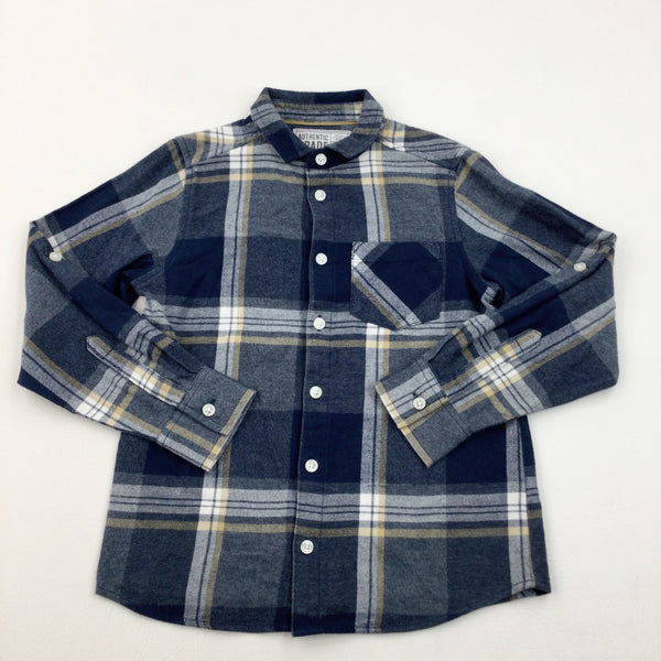 Navy, White & Light Brown Checked Brushed Cotton Long Sleeved Shirt - Boys 9 Years
