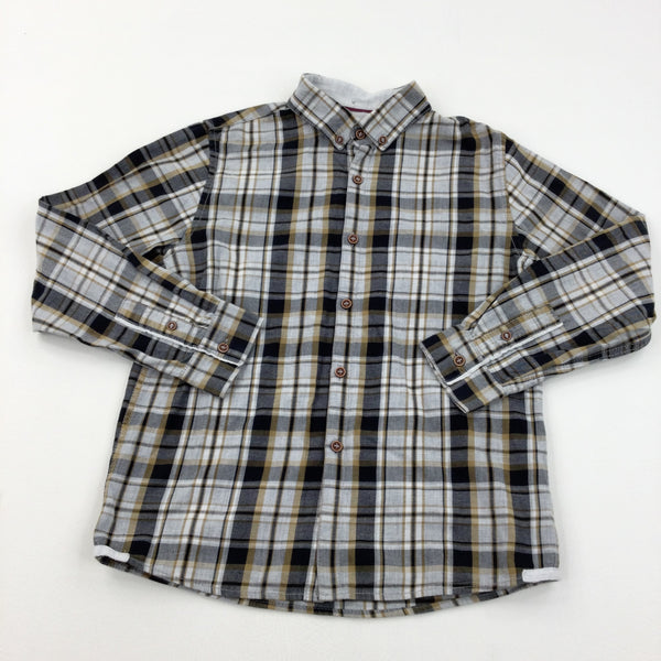 Black, Grey & Light Brown Checked Cotton Long Sleeved Shirt  - Boys 9 Years