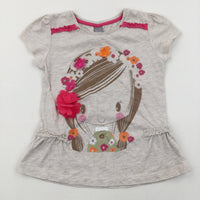 Flowers Appliqued Girl Mottled Beige T-Shirt - Girls 2-3 Years