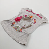 Flowers Appliqued Girl Mottled Beige T-Shirt - Girls 2-3 Years