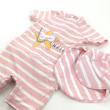 'Hello' Starfish Pink & White Striped Sun/Beach Suit with Matching Neck Protector Hat - Girls 12-18 Months