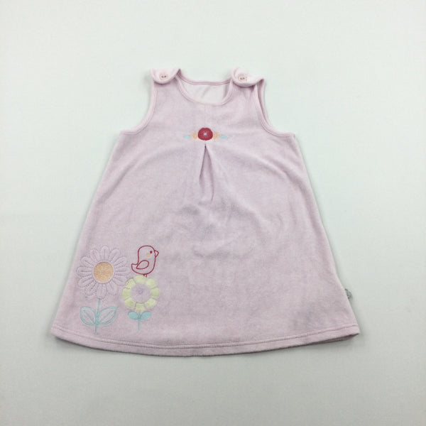 Flowers & Bird Embroidered Pale Pink Velour Pinafore Dress - Girls 9-12 Months