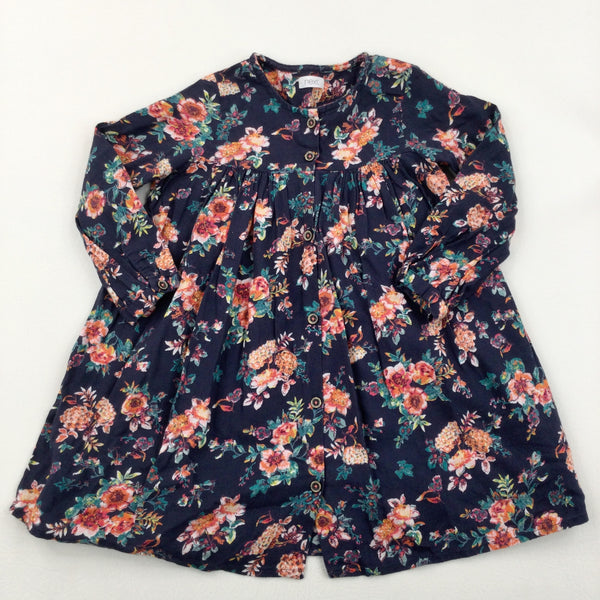 Flowers Peach & Navy Cotton Dress - Girls 2-3 Years