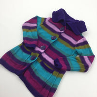 Colourful Striped Purple Knitted Cardigan with Collar - Girls 12-18 Months