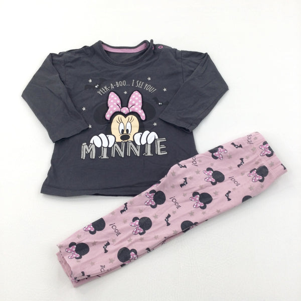 'Peek A Boo… Minnie' Glittery Grey & Pink Long Sleeve Top & Leggings Set - 12-18 Months