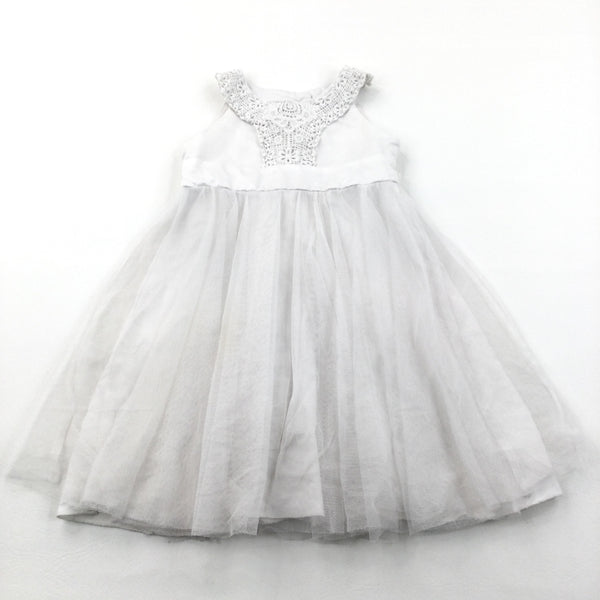 White Flower Girl/Party Dress with Net Overlay - Girls 3-4 Years