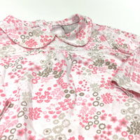 Pink & Mushroom Flowers White Jersey Long Sleeve Top with Collar - Girls 6-9 Months