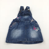 Flowers Embroidered Mid Blue Denim Dress - Girls 12-18 Months