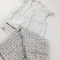 White Sleeveless Shirt with Flower Pattern Trousers - Girls 5-6 Years