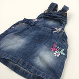 Flowers Embroidered Mid Blue Denim Dress - Girls 12-18 Months